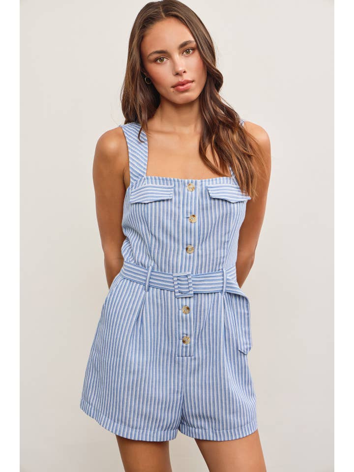 Mustard Seed - Wholesale Romper - Women's - BELTED WAIST BUTTON CLOSURE SLEEVELESS ROMPER