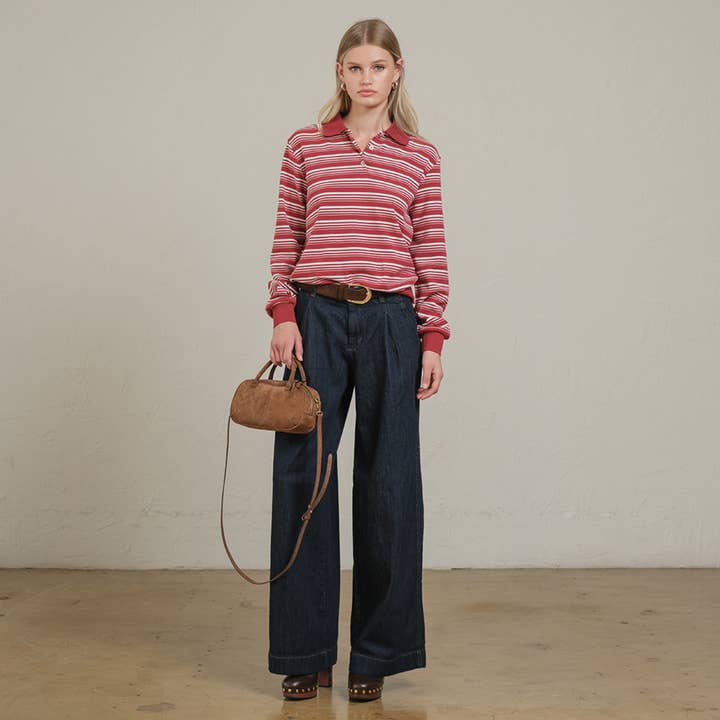 RAISONNEL - Wholesale Polo - Women's - Striped Polo Long Sleeve – Burgundy & Navy - RTK10085