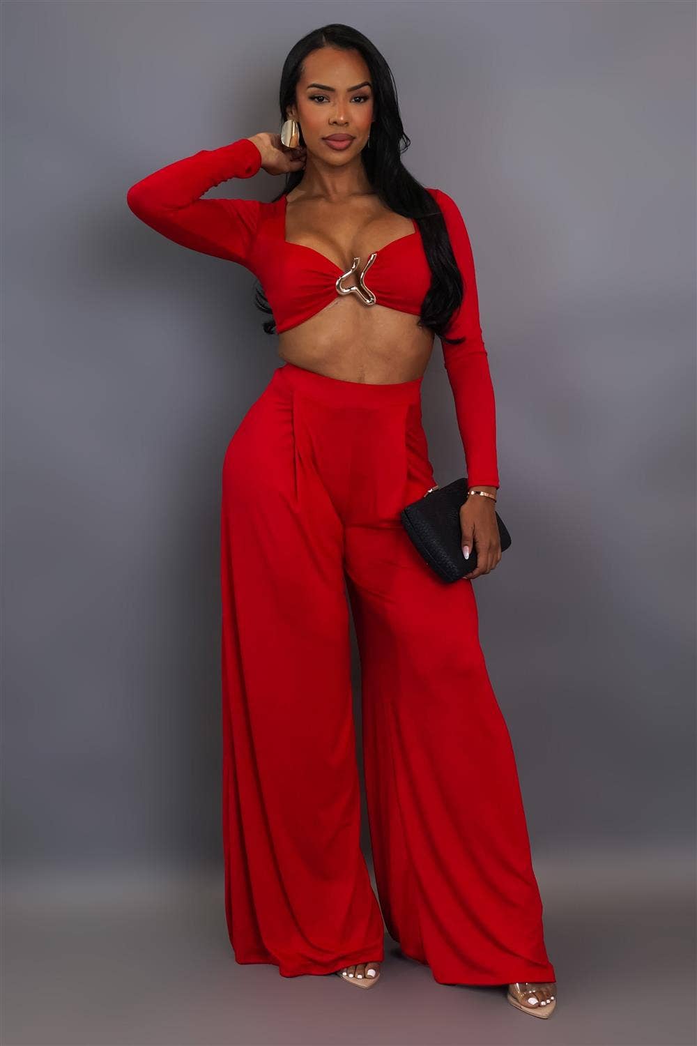5besties inc - Wholesale Top & Pant Set (NOT Loungewear) - Women's - METAL TRIM FRONT CROP TOP AND WIDE LEG PANTS SET2