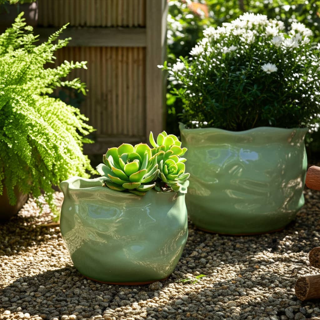 Sagebrook Home - Vente Pot - Lot de 2 jardinières - Céramique verte ronde à bord ondulé, 9/12 po.11