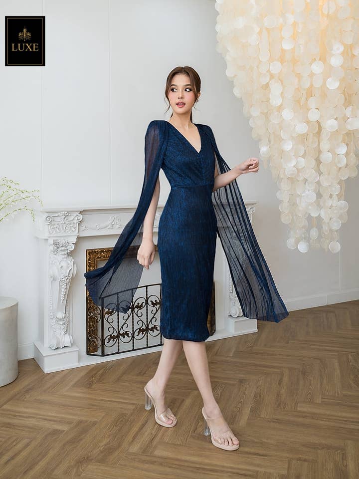 Metallic V-Neck Midi Dress With Cape Detail for wholesale by AlexyDesings