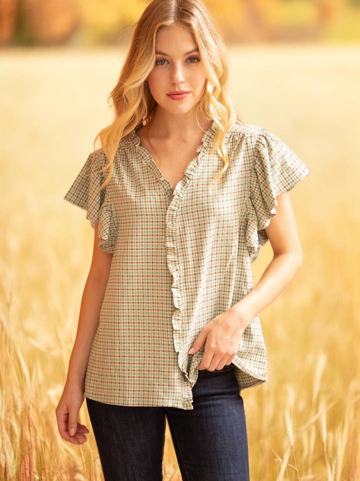 32361 Top à carreaux à volants et ouverture sur le devant pour la vente par VOY