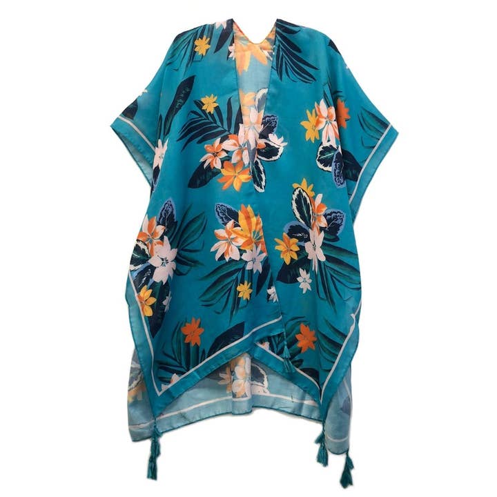 PinktownUSA - Wholesale Kimono - Women's - Turquoise Tropical Floral Tassel Kimono