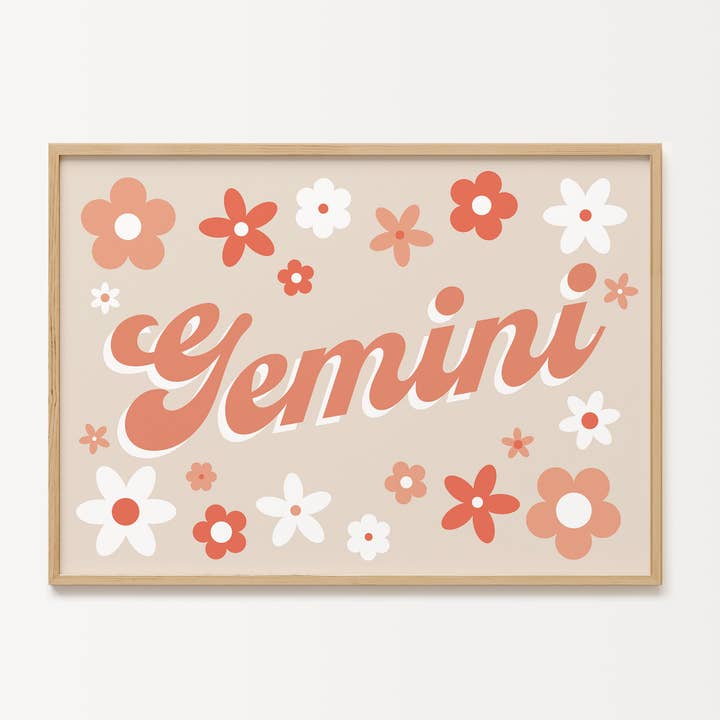 Gemini Zodiac Star Sign Quote 70s Retro Flower Wall Print for wholesale by Peach and Home