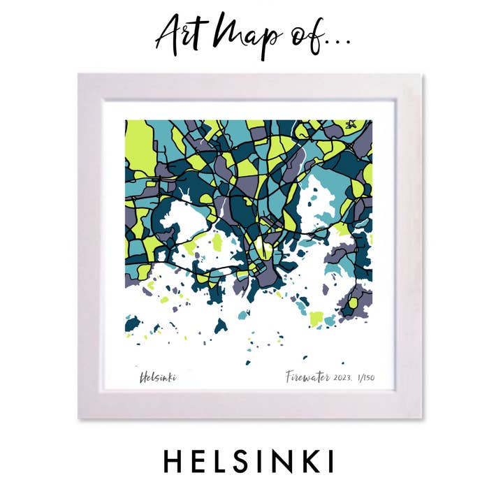 CARTE ARTISTIQUE D'HELSINKI, FINLANDE - DESSINÉE À LA MAIN ET ÉDITION LIMITÉE pour la vente par Firewater Gallery