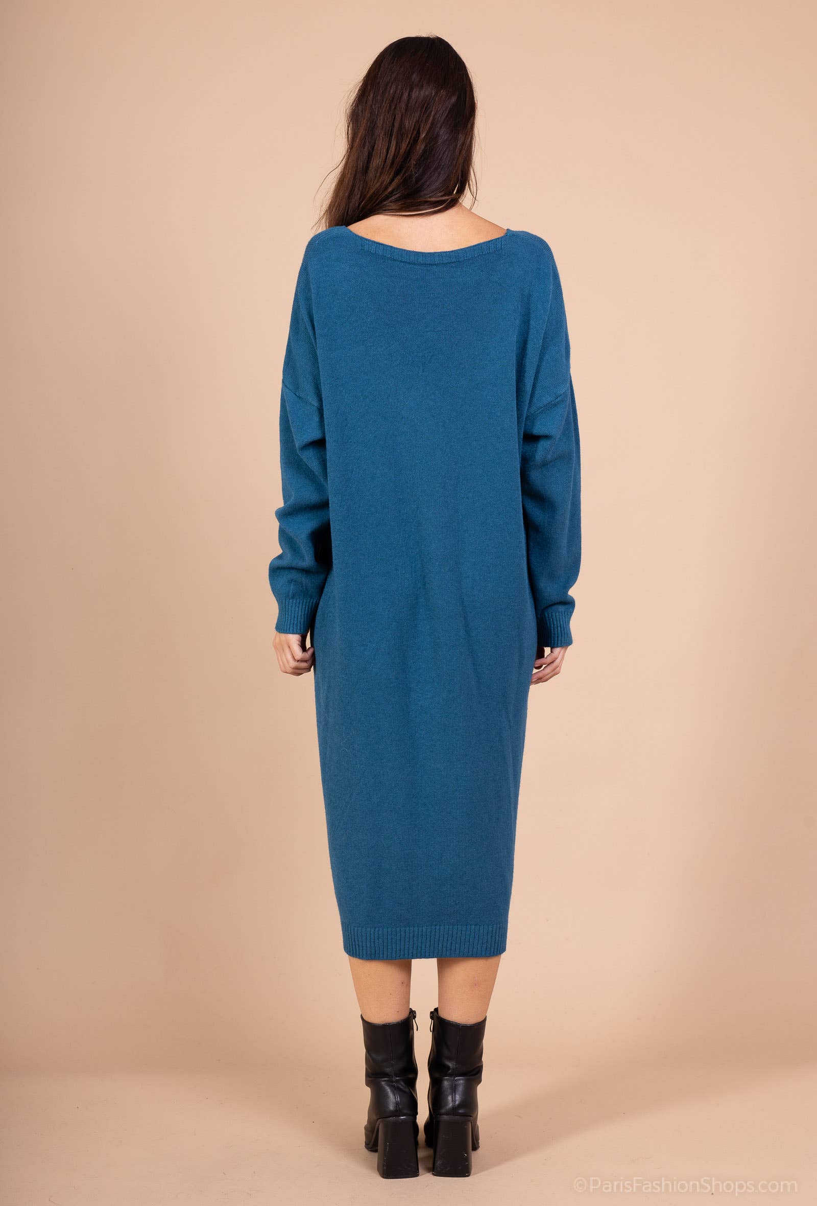 L'Emotion - Vente Robe – femme - Robe Pull Maille Fine Bord-Côtes Côtelé Col V12