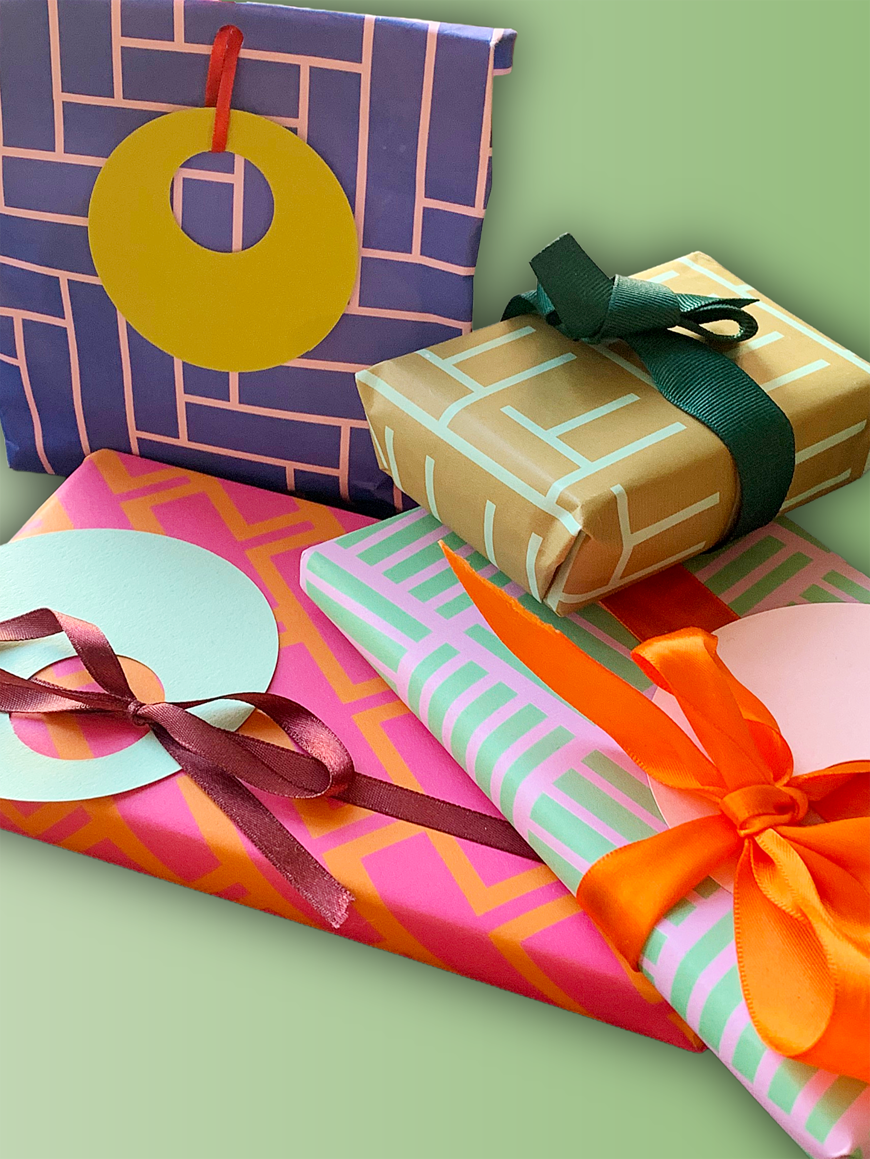 TenTa - Wholesale Wrapping Paper Roll - Pink & Orange Brick Geometric Retro Wrapping Paper 5