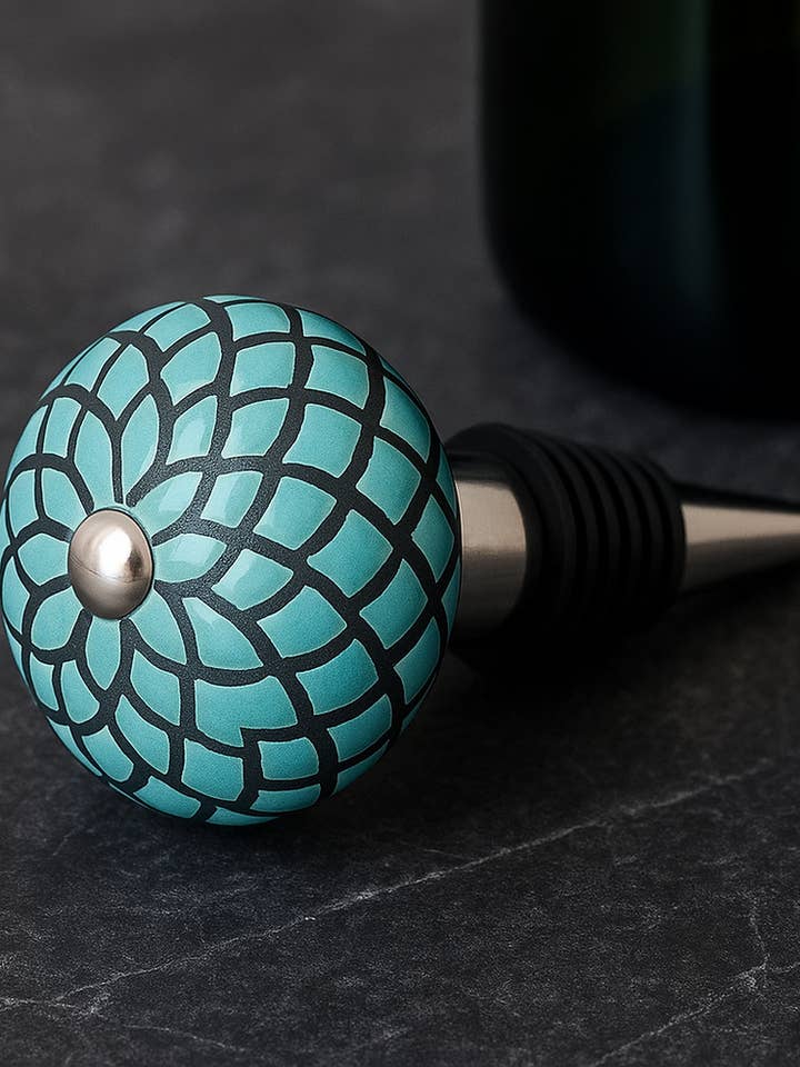 Keramische Flessenstop, Geëtste Bloemen – Teal voor wholesale door Vinotopia