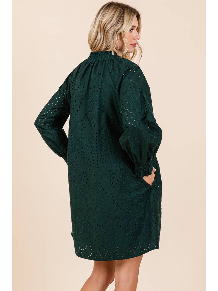 Hunter Green Eyelet Mini Dress, OD51071 for wholesale on Faire2