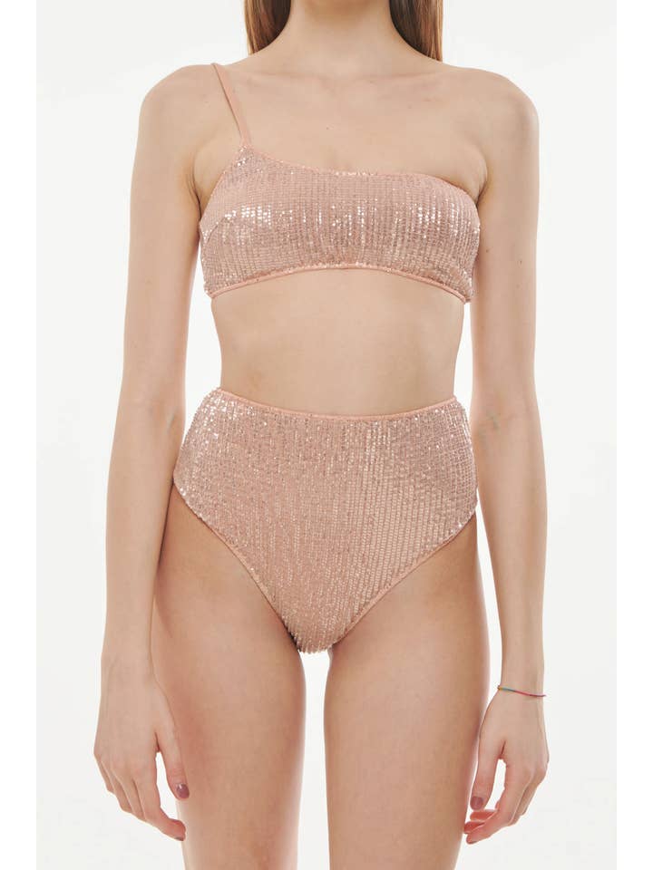 Negro Giulia Bandeau Bikini One Shoulder Pink Sequins in vendita all'ingrosso su Faire1