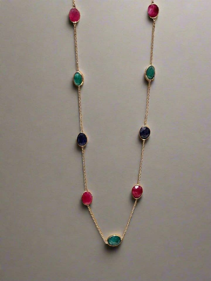 Multi-Color Crystal Station Necklace in Gold Tone with Ruby, Emerald, and Navy Accents for wholesale by By lilly Paris