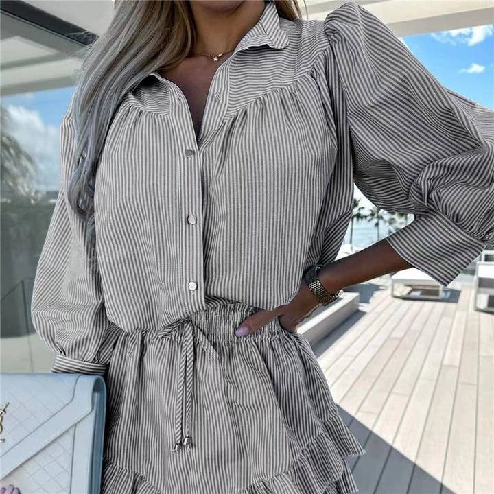 Sheer Trend - Wholesale Top & Skirt Set - Women's - Fashionable Striped 7/8 Sleeve Shirt And Skirt Set