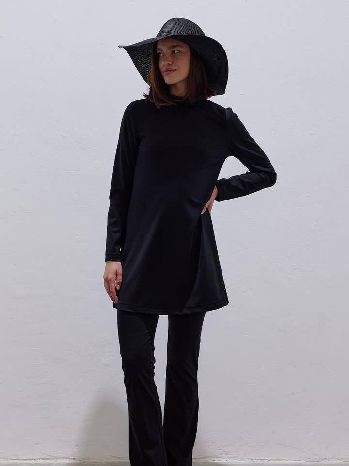 Conjunto de Fato de Banho Modesto de Duas Peças em Lycra Preto por atacado de Kadriye Baştürk