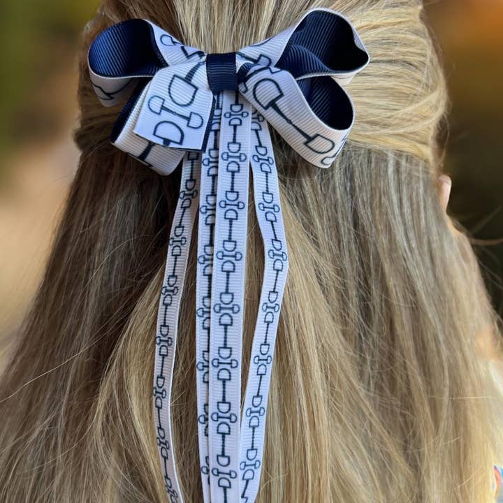 Equestrian Blue Ribbon Snaffle Bit Hair Bow Clip for wholesale by Westrian International