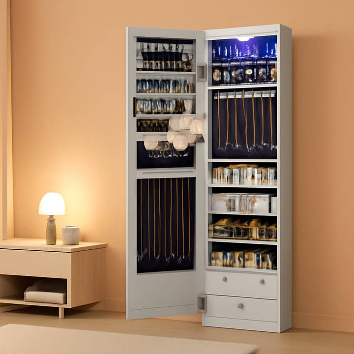 47.2 Inch Tall Lockable Jewelry Cabinet With Mirror Gray for wholesale by ShipItFurniture