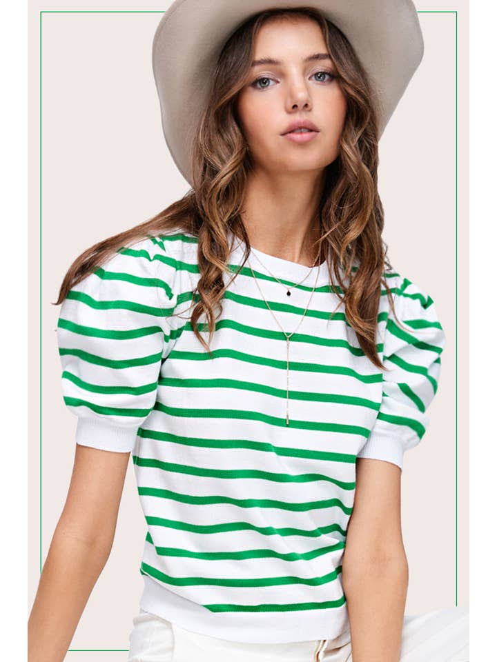 La Miel - Wholesale Knit Top - Women's - JCS3562-Lightweight Puff Short Sleeve Stripe Knit Top11