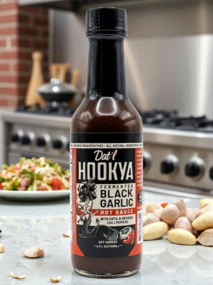 Fermented Black Garlic Hot Sauce Made with Datil and Tabasco for wholesale by Hook'Ya