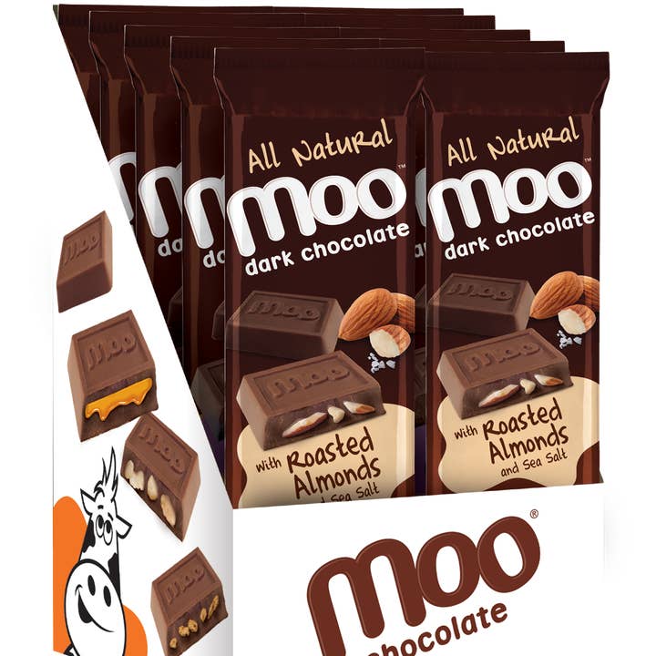 MOO Organic Chocolates - Wholesale Chocolate Bar - Natural Roasted Almond Dark Chocolate Large Bar,  1.4 oz1