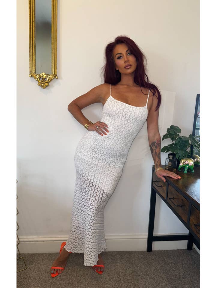 White Lace Strappy Bodycon Elegant Layered Midi Dress - Rosantha for wholesale on Faire1