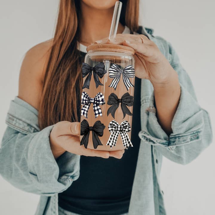 SKS Design Studio - Wholesale Drinking Glass/Cup - Black Check Coquette | 20 oz Glass with Bamboo Lid & Straw
