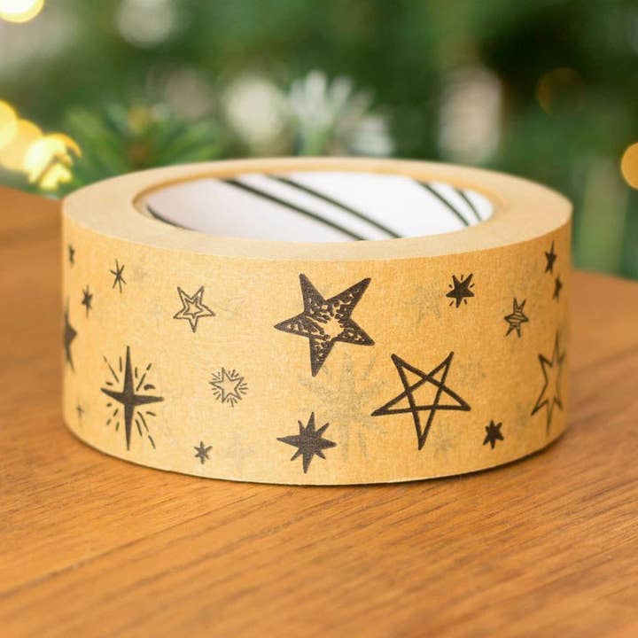 Eco Friendly Christmas Stars Wide Kraft Paper Tape 50m for wholesale by Luck and Luck