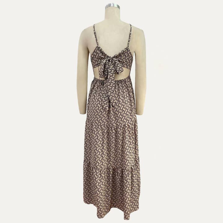 KAKI Robe maxi à bretelles à nouer dans le dos à imprimé abstrait kaki tendance en vente sur Faire