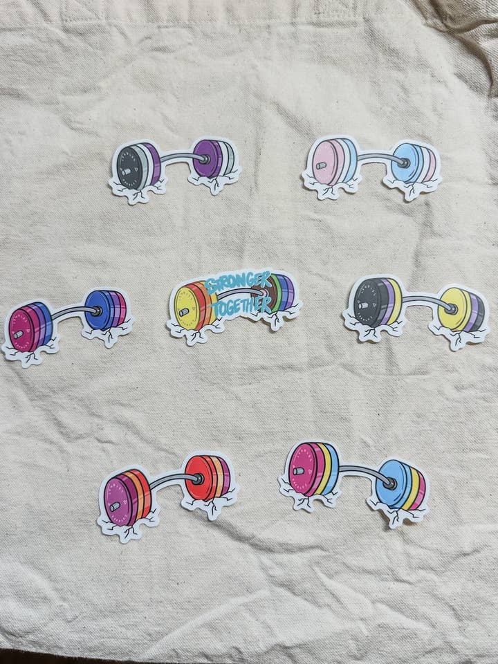 "Stronger Together" Subtle Pride Barbell Stickers (Matte Vinyl Die Cut Stickers) for wholesale by LeudlesDoodles