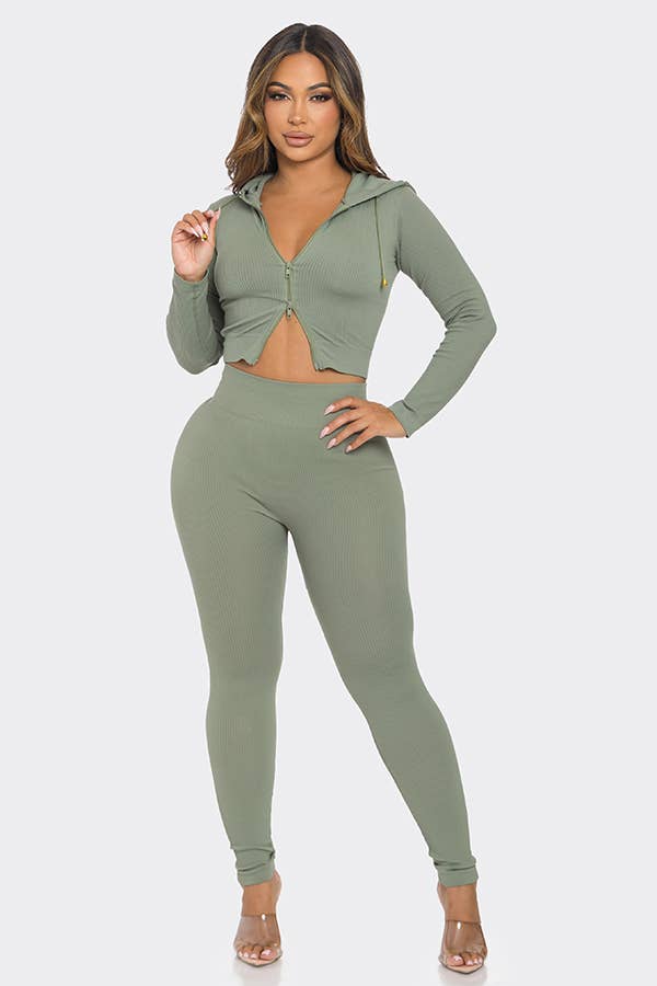 Lime All the Time – wholesale Top & pants set (NOT Loungewear) – Women's – 2 Pcs Seamless Long Sleeve Hoodie and Highwaist Legging Set4