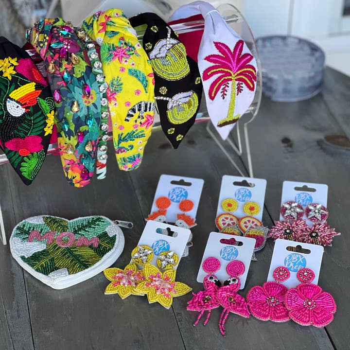 OBX Prep - Wholesale Dangle Earrings - Pink Palm Tree Seed Beaded Dangle Earrings4