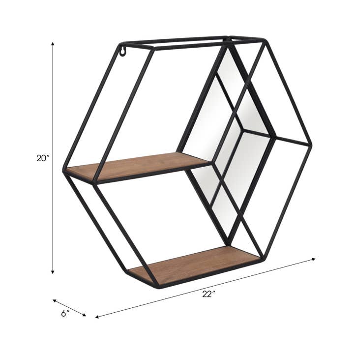 Sagebrook Home – wholesale Förvaringsbehållare – Svart 20 tum Metall/Trä Hexagon Spegelväggshylla i Casual stil