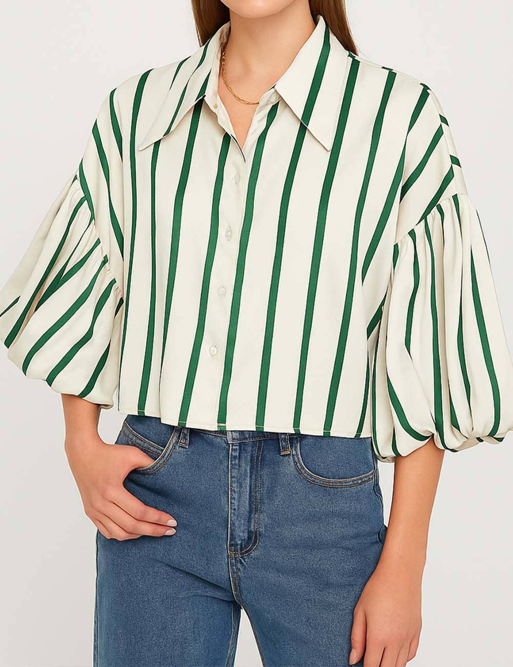 Sweetkama – wholesale Buttoned-down shirt – Women's – Ladies Striped Puff Sleeves Button Shirt SP0684
