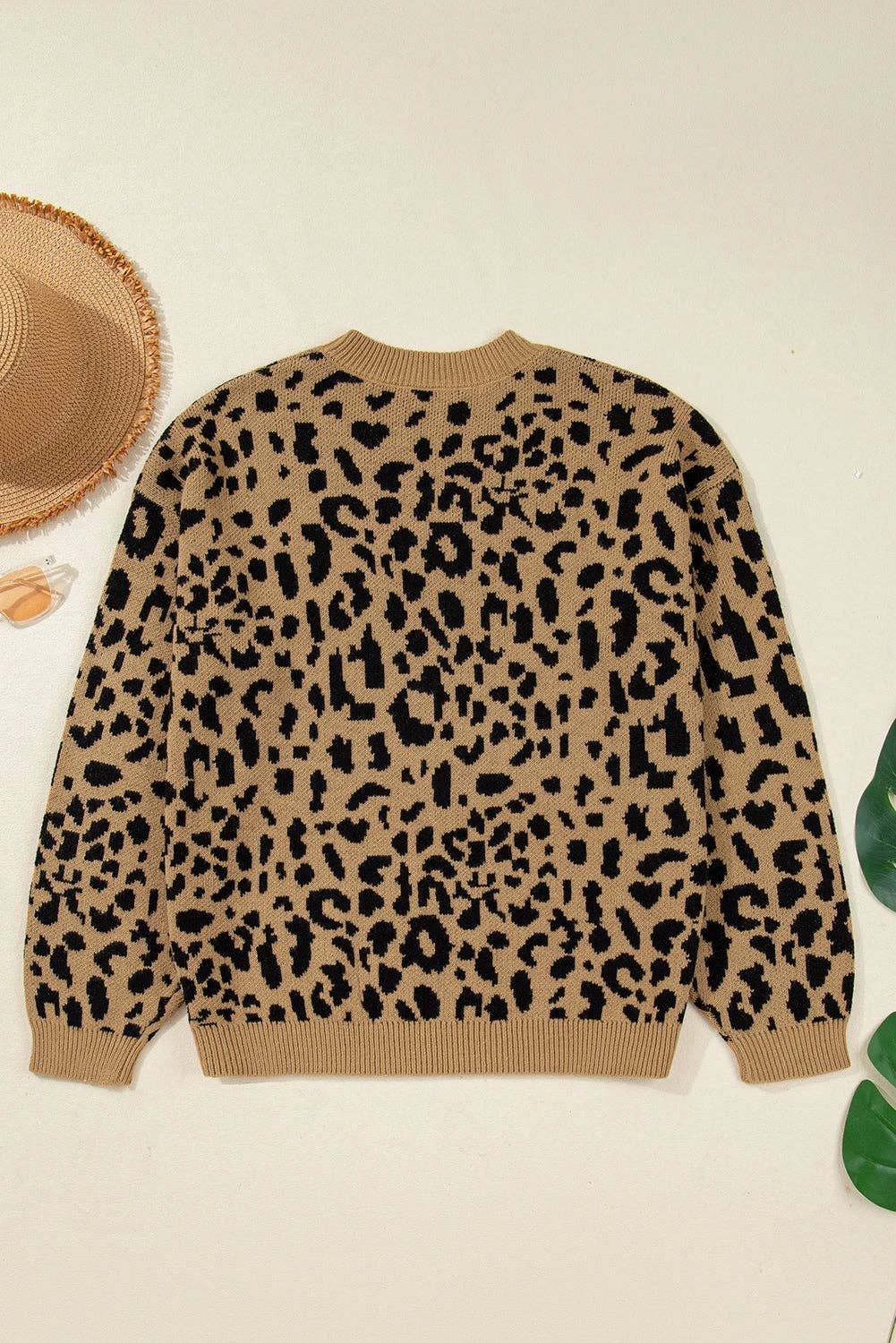 Light French Beige Ribbed Trim Round Neck Leopard Drop Shoulder Sweater for wholesale on Faire3