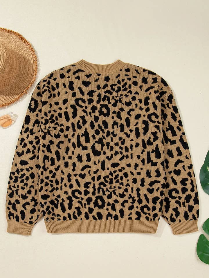 Light French Beige Ribbed Trim Round Neck Leopard Drop Shoulder Sweater for wholesale on Faire3