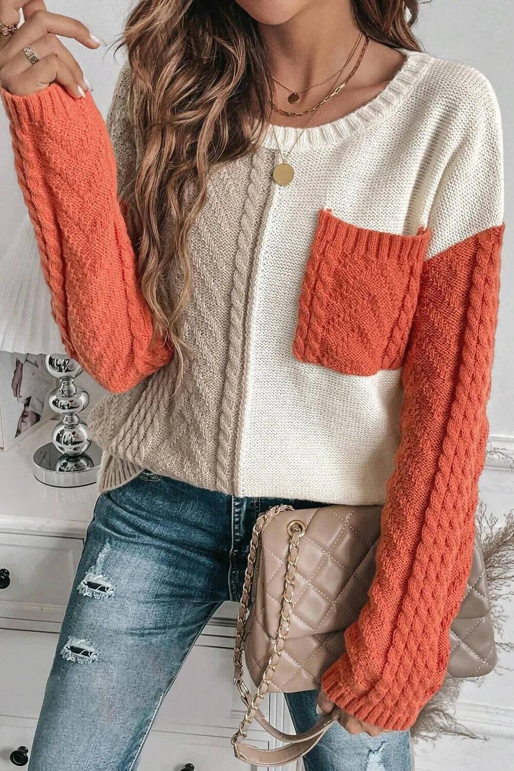 Lily Clothing - Wholesale Knit Sweater - Women's - CASUAL PATCHWORK POCKET PULLOVER SWEATER3