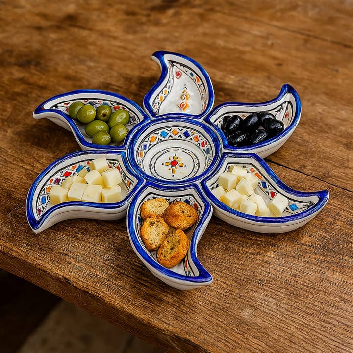 Plat à Apéritif Fleur en Céramique Tunisienne Peinte à la Main #1 pour la vente par Etnico del Mondo