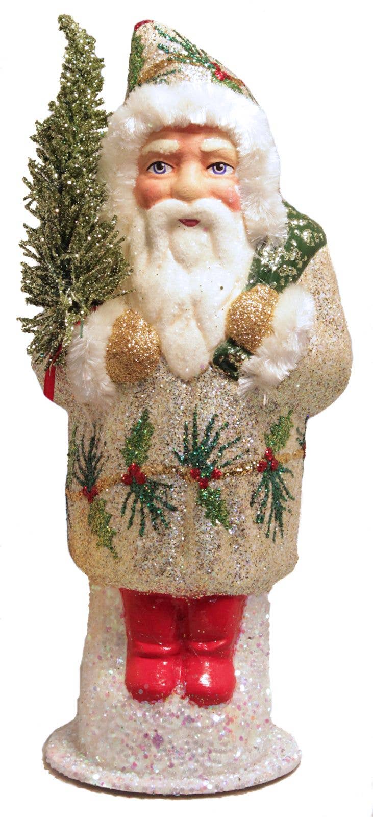 Pinnacle Peak Trading - Wholesale Paper Mache - Ino Schaller Ice Gold Santa with Holly Detail Paper Mache