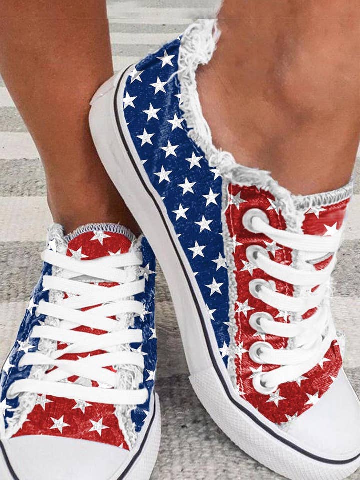 Multicolor American Flag Stars Printed Frayed Detail Lace-up Shoes for wholesale on Faire