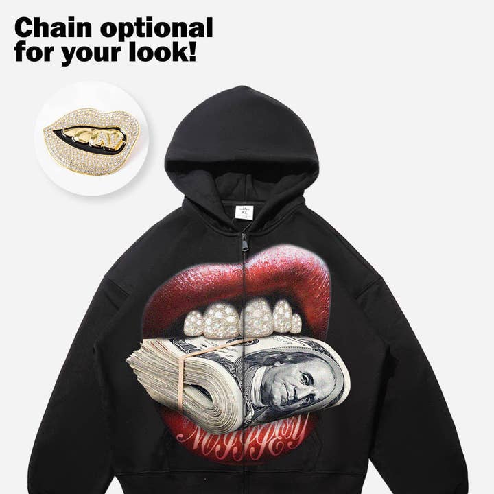 Money-Biting Lip Diamond Grills Warm Zip-Up Hoodie and other Purchase Wholesale zip hoodies. Free Returns & Net 60 Terms on Faire trending on Faire.