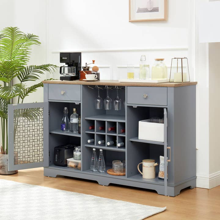 Orange County Decor - Wholesale Cabinet - Modern Farmhouse Buffet Cabinet, Sideboard With 2 Drawers And Elegant Glass Door Cabinets, Wine And Glass Rack, Coffee Bar For Kitchen, Dining Room, Light Blue And Light Oak, 56.46"W*15.55"D*35.74"H4