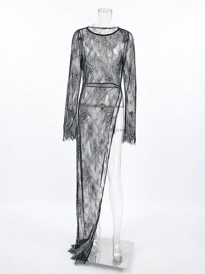 BLACK Sheer Lace Asymmetrical Long-Sleeve Top for wholesale on Faire0