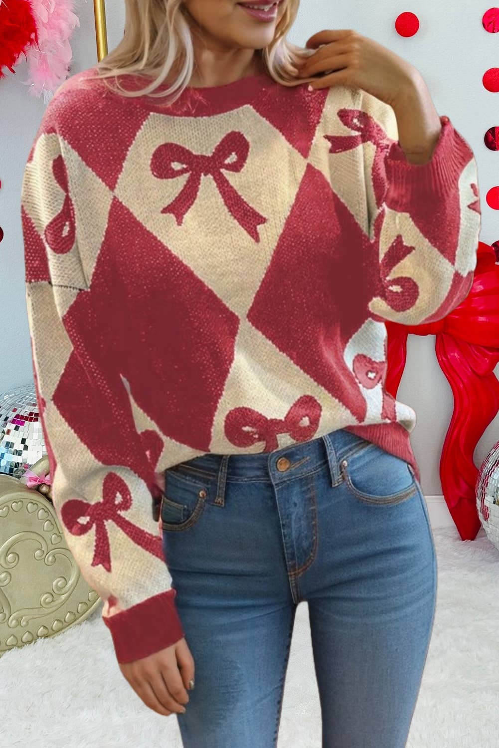66DISCO - Wholesale Knit Sweater - Women's - Valentine Bow Print 2-tone Rhombus Knit Loose Sweater (S-XL)1