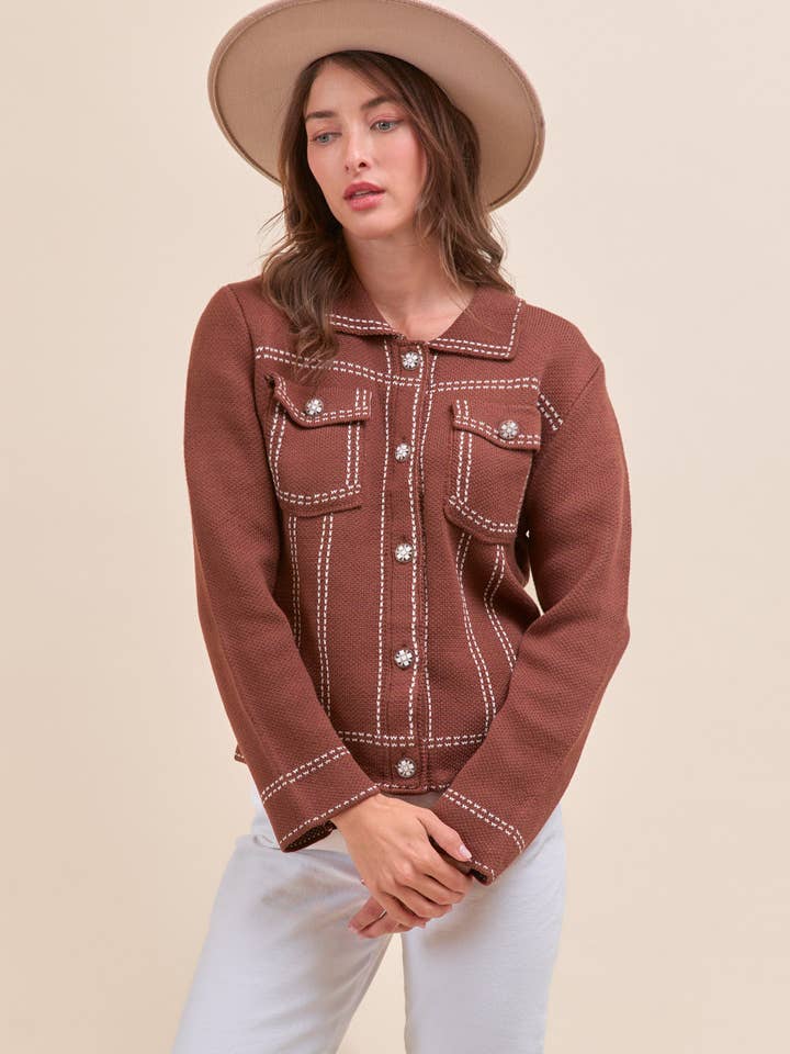 &MERCI - Wholesale Jacket - Women's - DENIM EFFECT KNIT SWEATER JACKET MSW111302