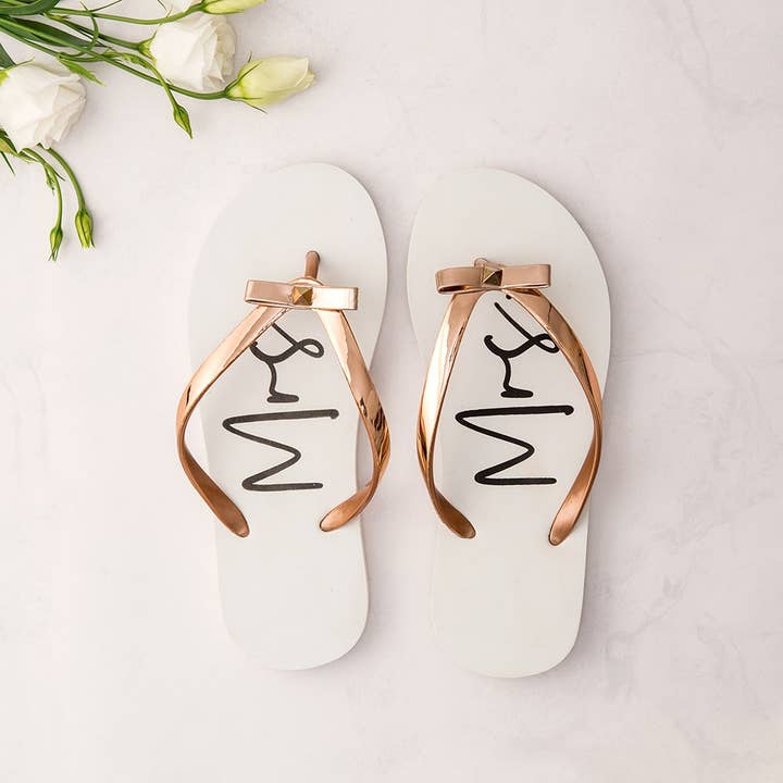Weddingstar Inc. - Wholesale Flip Flops - Women's - Women’s White & Rose Gold Flip-Flops With Bow - Mrs.