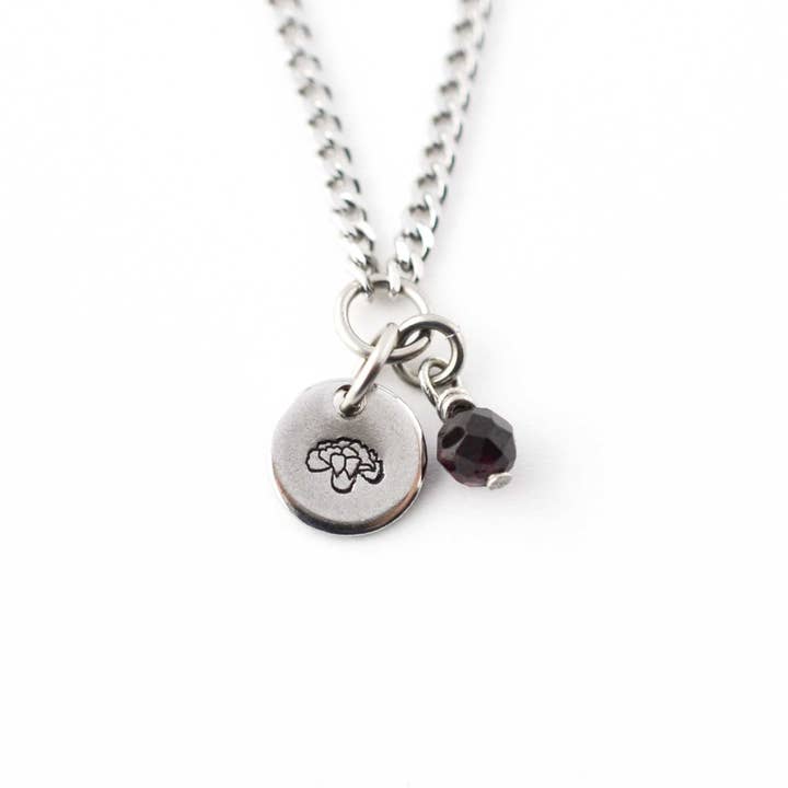 January Birthflower & Birthstone Necklace, Carnation & Garnet, Handmade Personalised Jewellery for wholesale by Little Gems Jewels