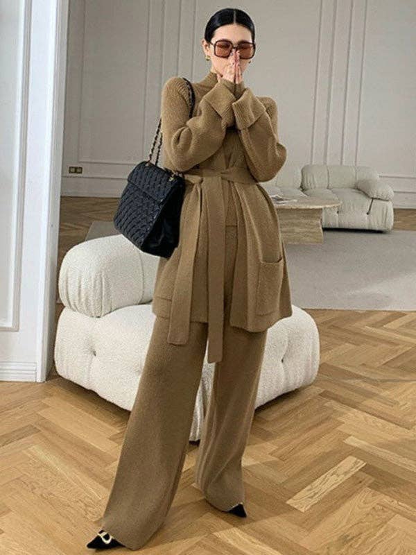 Plush Looks – wholesale Top & pants set (NOT Loungewear) – Women's – Stylish Solid 3 Piece High-Neck Sweater & Wide Leg Pants& Cardigan Tops Set4