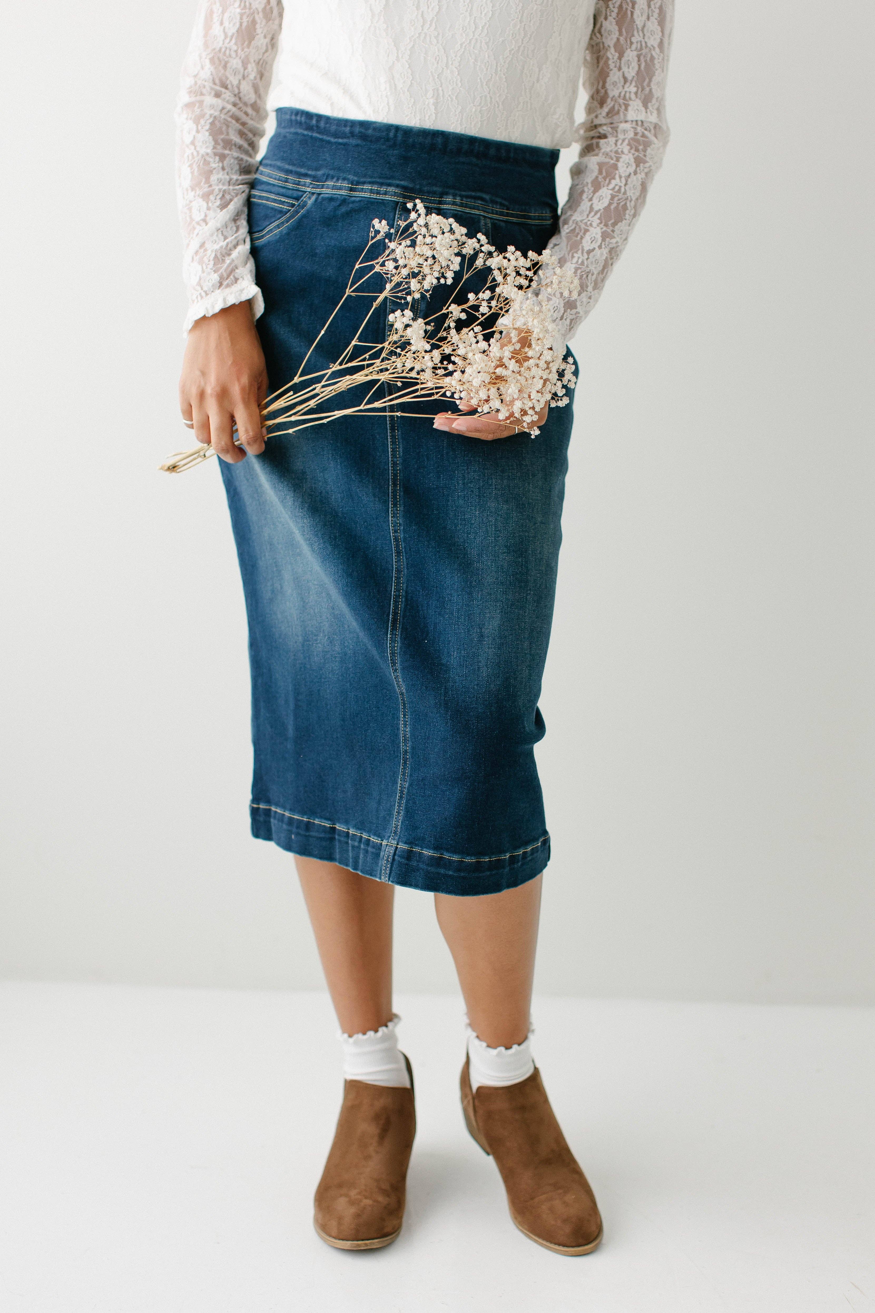 'Sara' Classic Knee Length Dark Denim Skirt for wholesale on Faire16