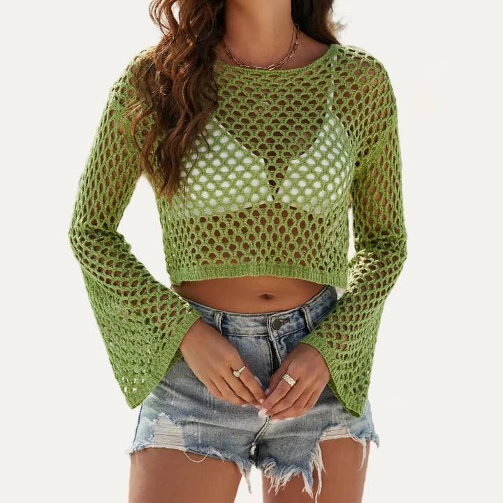 The Moment Collection - Wholesale Swim cover-up – Women’s - Beach Time Sheer Crochet Bell Sleeve Swim Cover Up Top