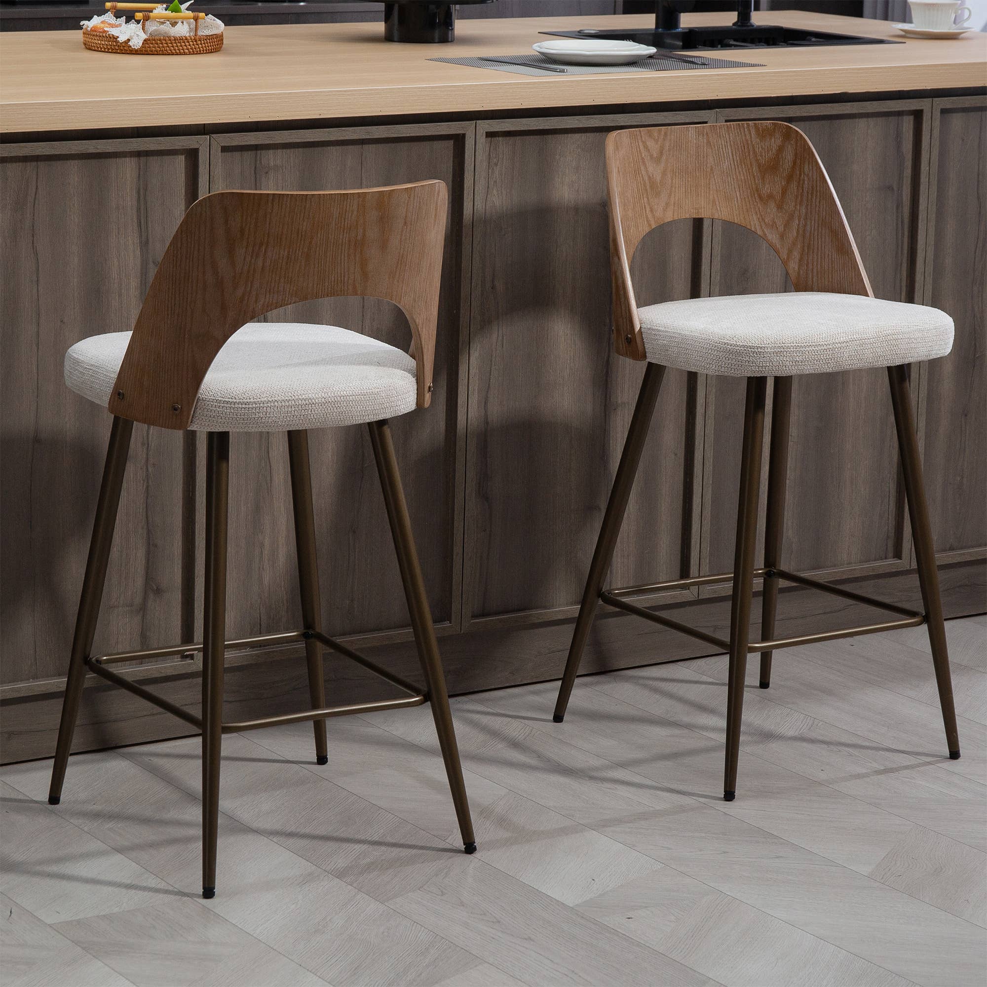 Glamour Home - Wholesale Stool - Set of 2 Bethan Beige Washed Boucle Fabric Counter Stool2