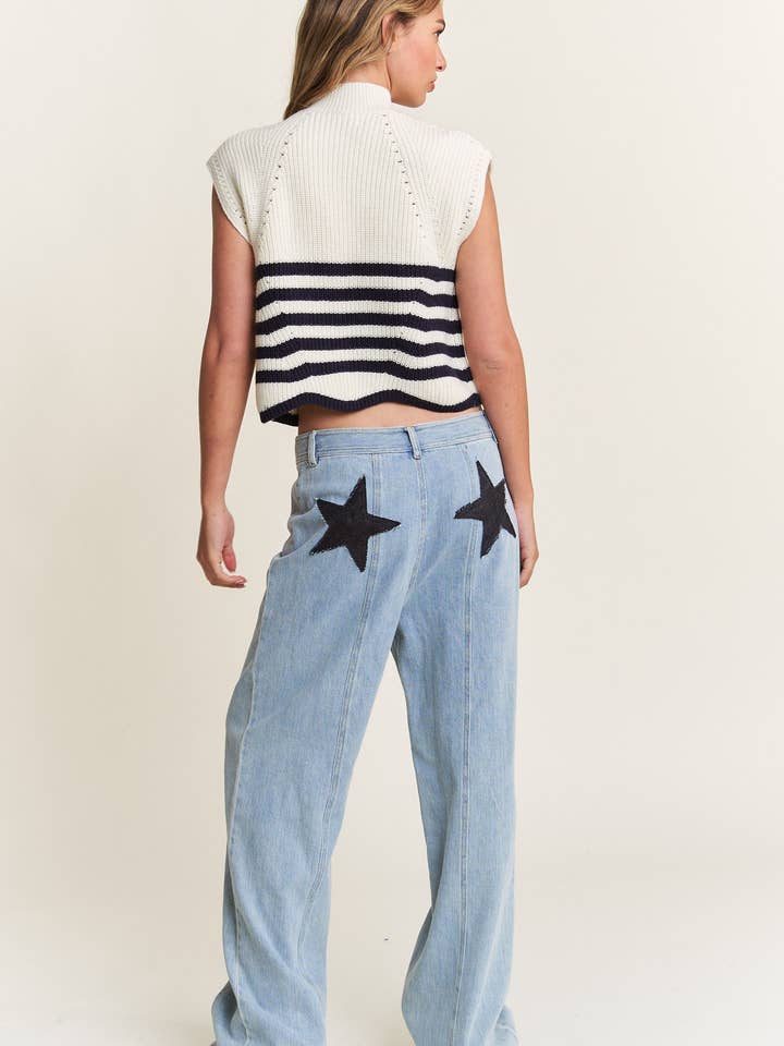 In The Beginning - Vente Pull en maille – femme - Pull sans manches à col roulé bleu marine/ivoire4