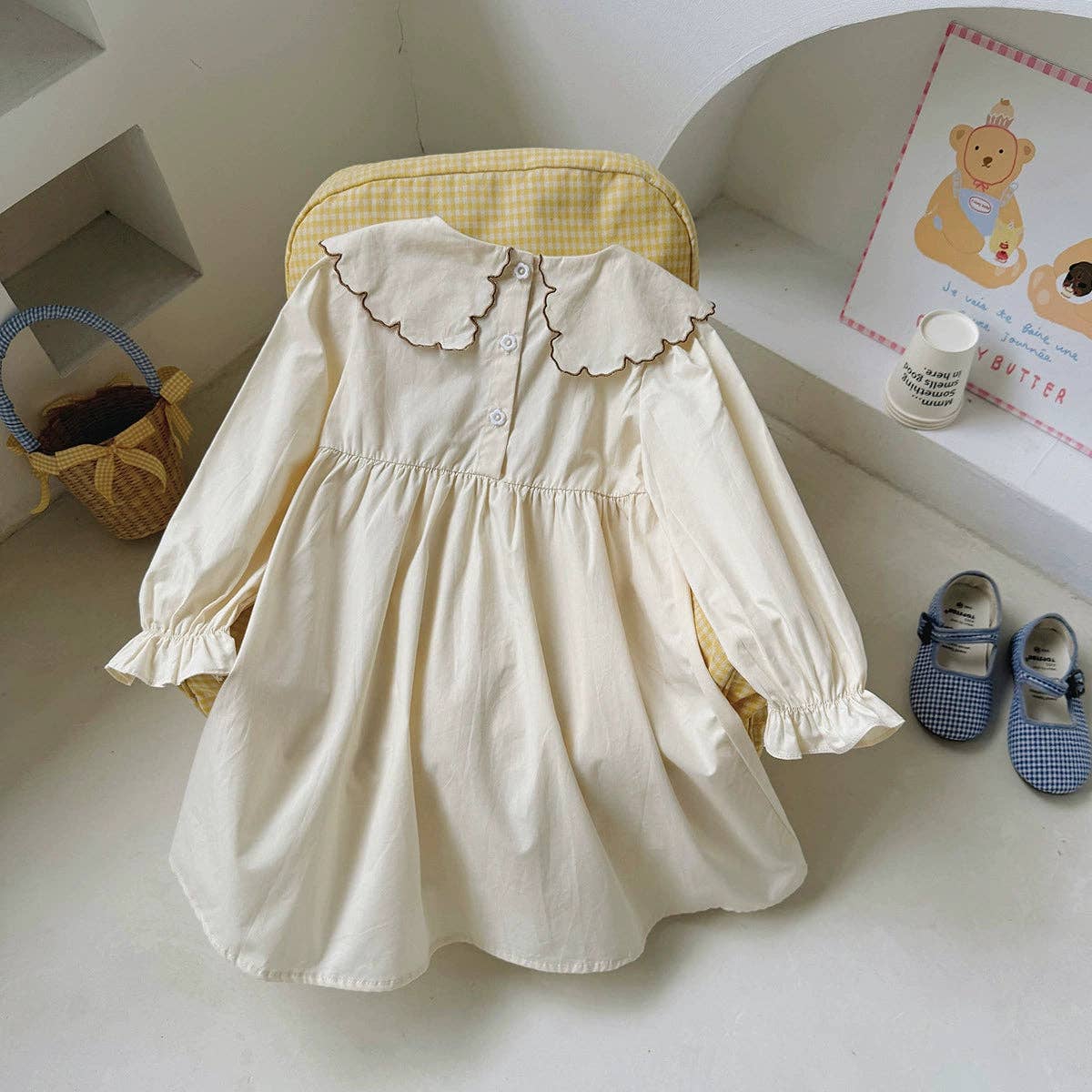 Beige Arrival Autumn Girls Teddy Bear Embroidered Pattern Long Sleeves Dress with Collar for wholesale on Faire3